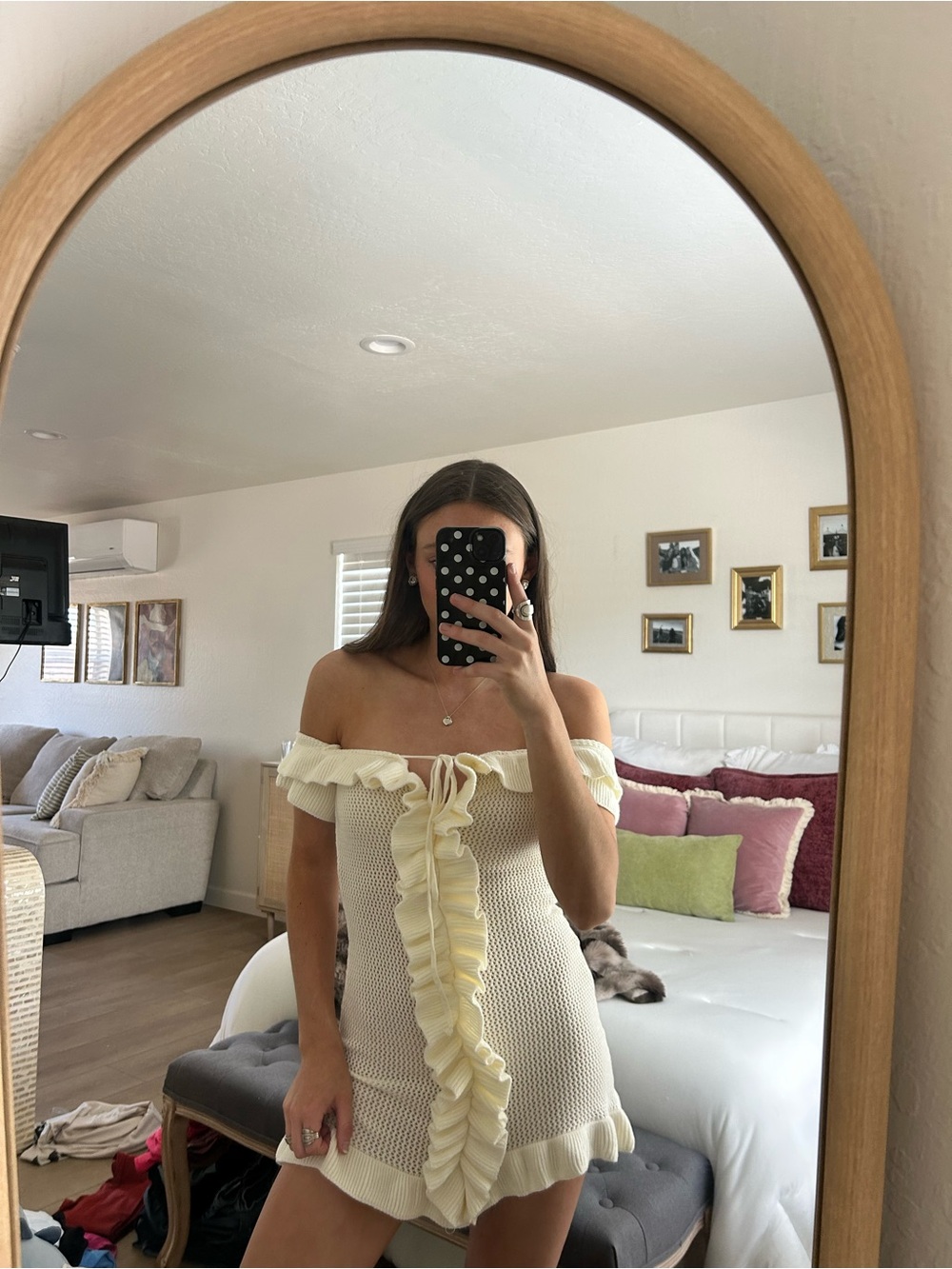 PrettyLittleThing Cream Off-Shoulder Ruffle Mini Dress
